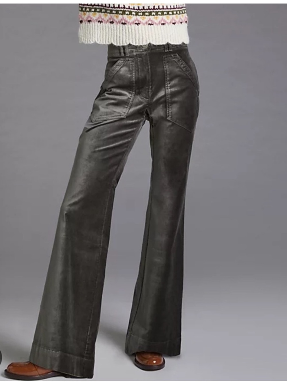 Anthropologie Maeve Velvet Pants Flare Leg Women Sz 4 Green High Rise